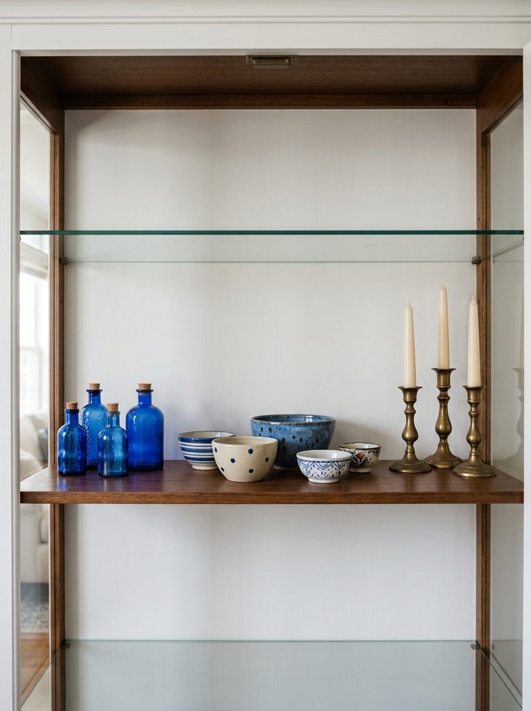 Odd-Number Grouping Rhythm with trios of blue bottles and brass candlesticks arranged on a cabinet shelf