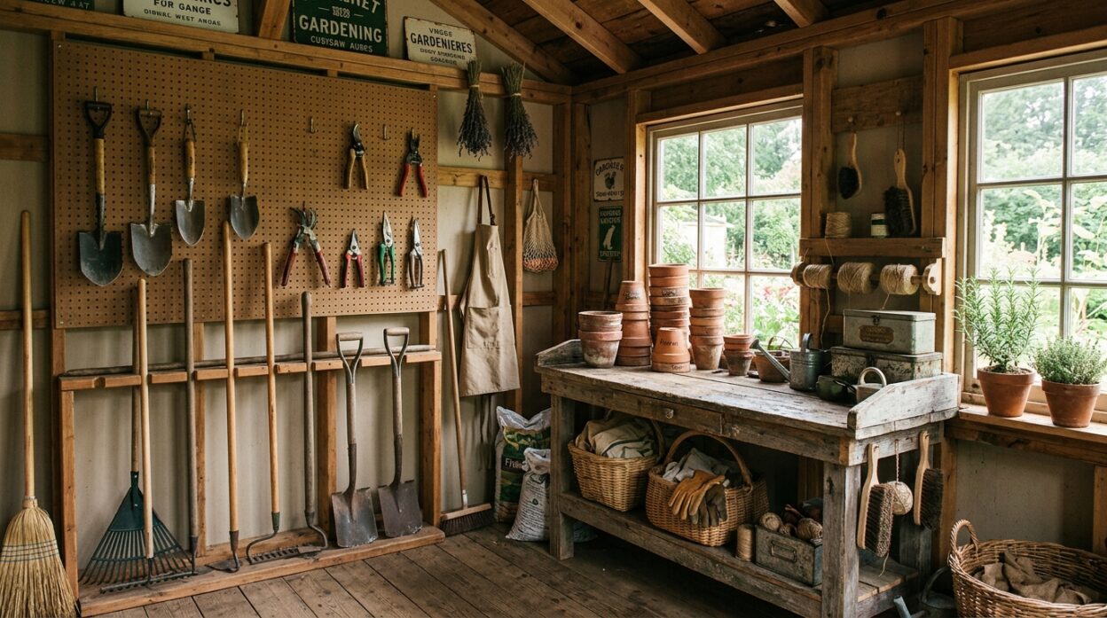 9 Garden Tool Organizer Ideas That Make Finding Tools Easy, featuring a tidy shed with pegboard and tool rack