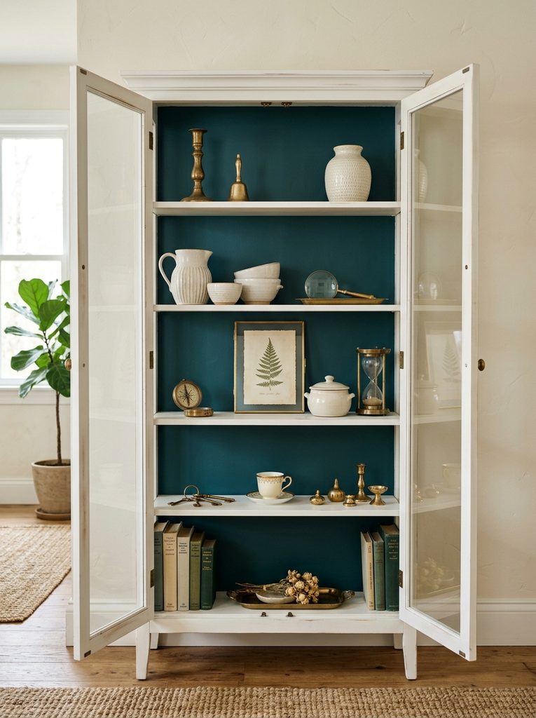 Painted Interior Color Backdrop in deep teal behind brass objects and cream ceramics in a white cabinet