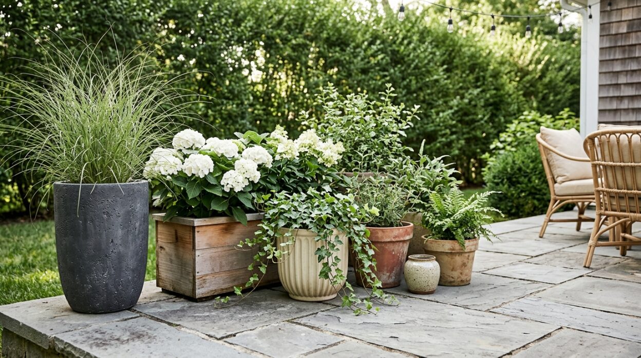 11 DIY Look Planter Ideas That Look Surprisingly Expensive, featuring a patio grouping of stylish planters