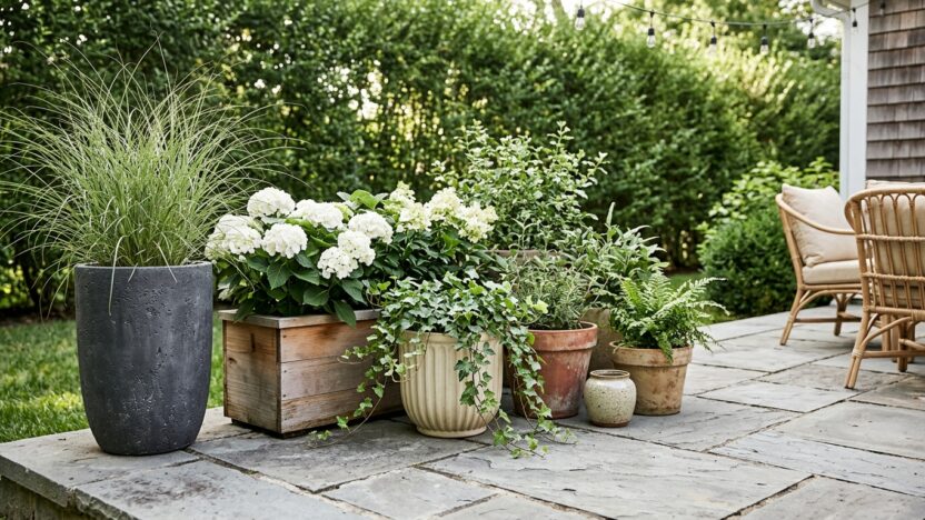 11 DIY Look Planter Ideas That Look Surprisingly Expensive, featuring a patio grouping of stylish planters