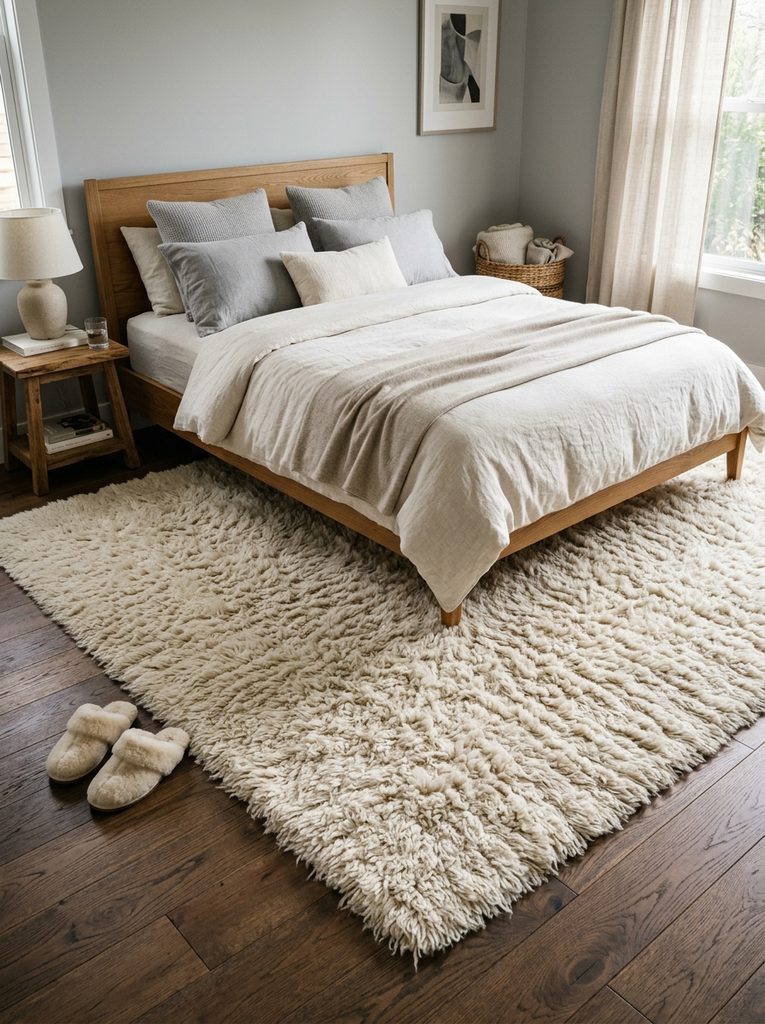 Plush Area Rug Underfoot in cream shag extending beneath a bed on hardwood floors