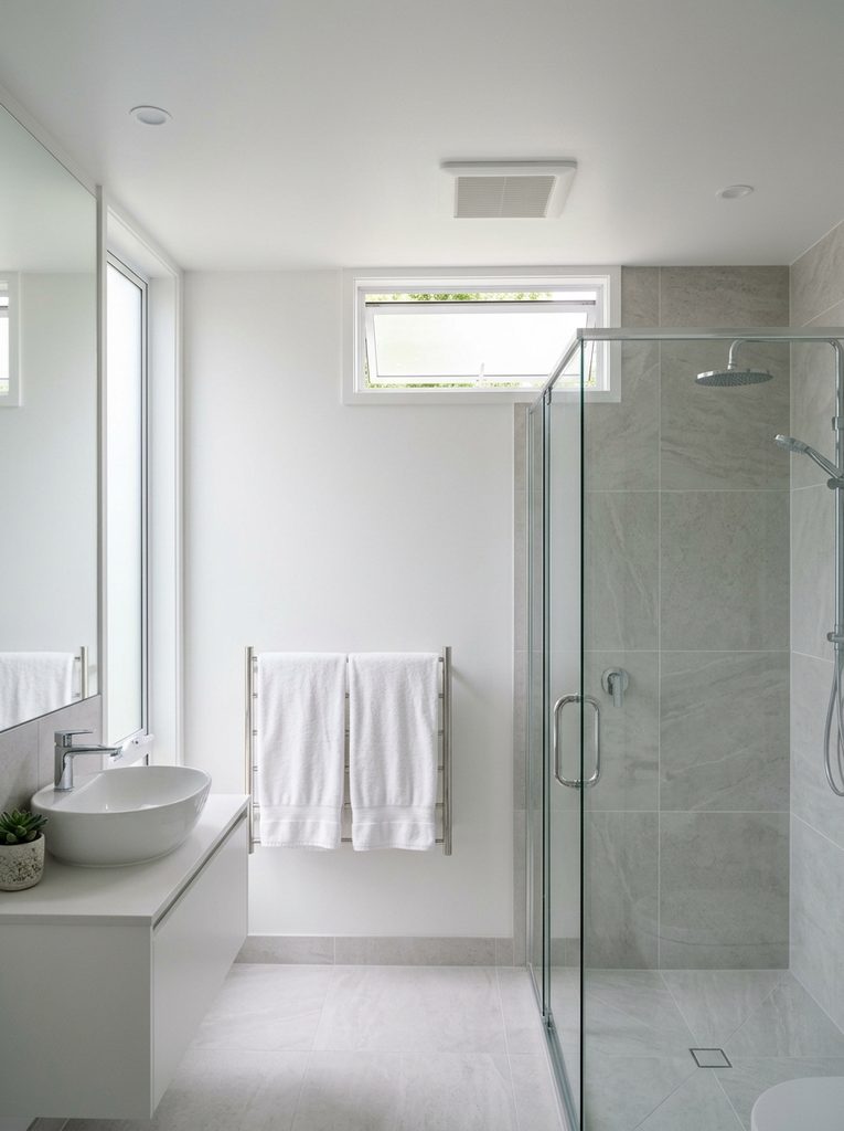 Powerful Ventilation and Moisture Plan with a ceiling exhaust fan and open transom beside a steam shower