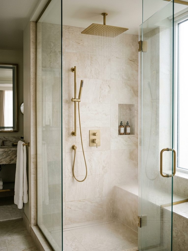 Rainfall and Handheld Combo with a ceiling rain head and slim handheld sprayer in a steam shower