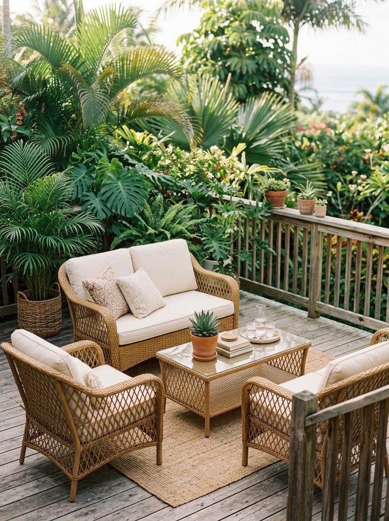 Rattan-Look Resin Wicker Set with cream cushions around a glass coffee table on a deck