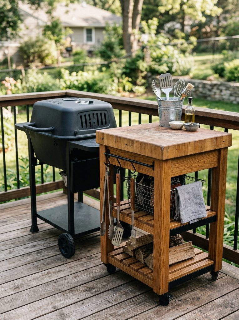 Rolling Cart and Butcher Block Setup beside a freestanding black grill on a small deck