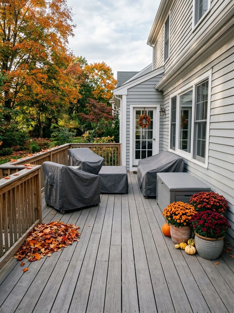 Seasonal Cover and Storage Plan with fitted covers, a deck box, and potted mums on an autumn deck