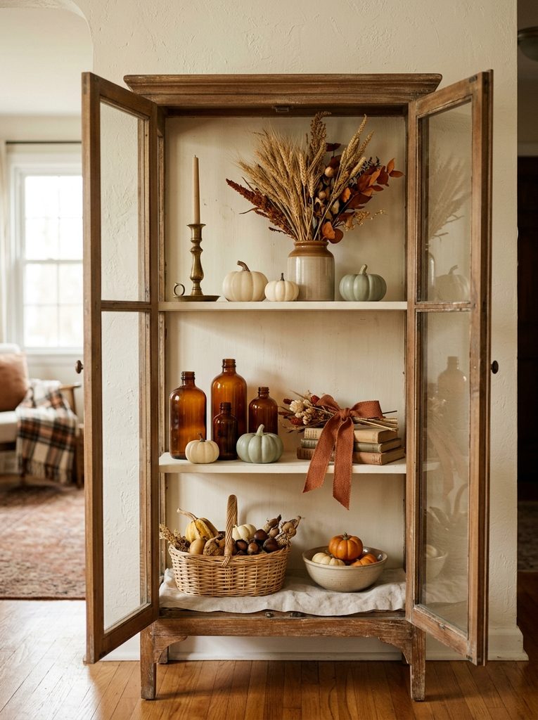 Seasonal Rotating Display Moment with small pumpkins, amber bottles, and dried wheat in a curio cabinet