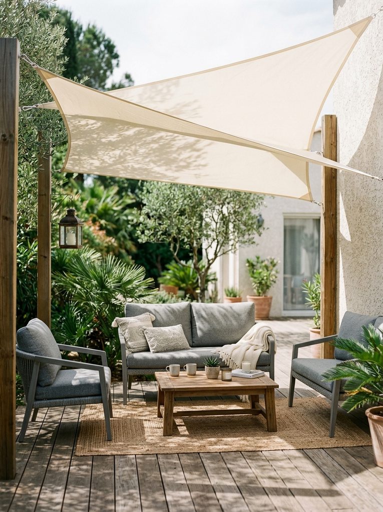 Shade Sail and Lounge Corner with a cream triangular sail above a gray loveseat and chairs