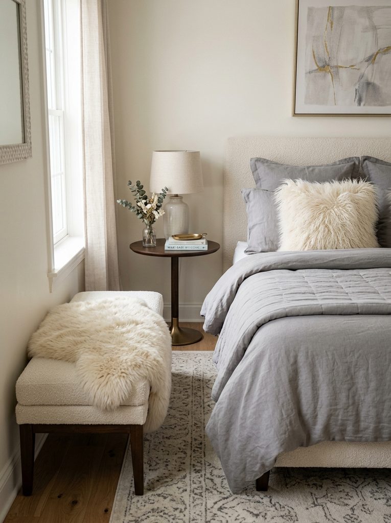 Sheepskin and Faux Fur Accents with a cream throw on a bench and a fluffy pillow on a gray bed