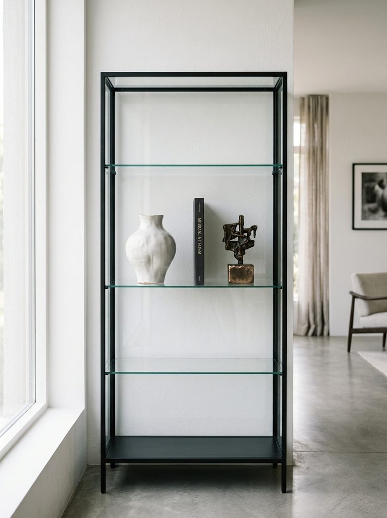 Sleek Modern Minimalist Cabinet with a single ceramic vase and bronze sculpture in a black-framed display