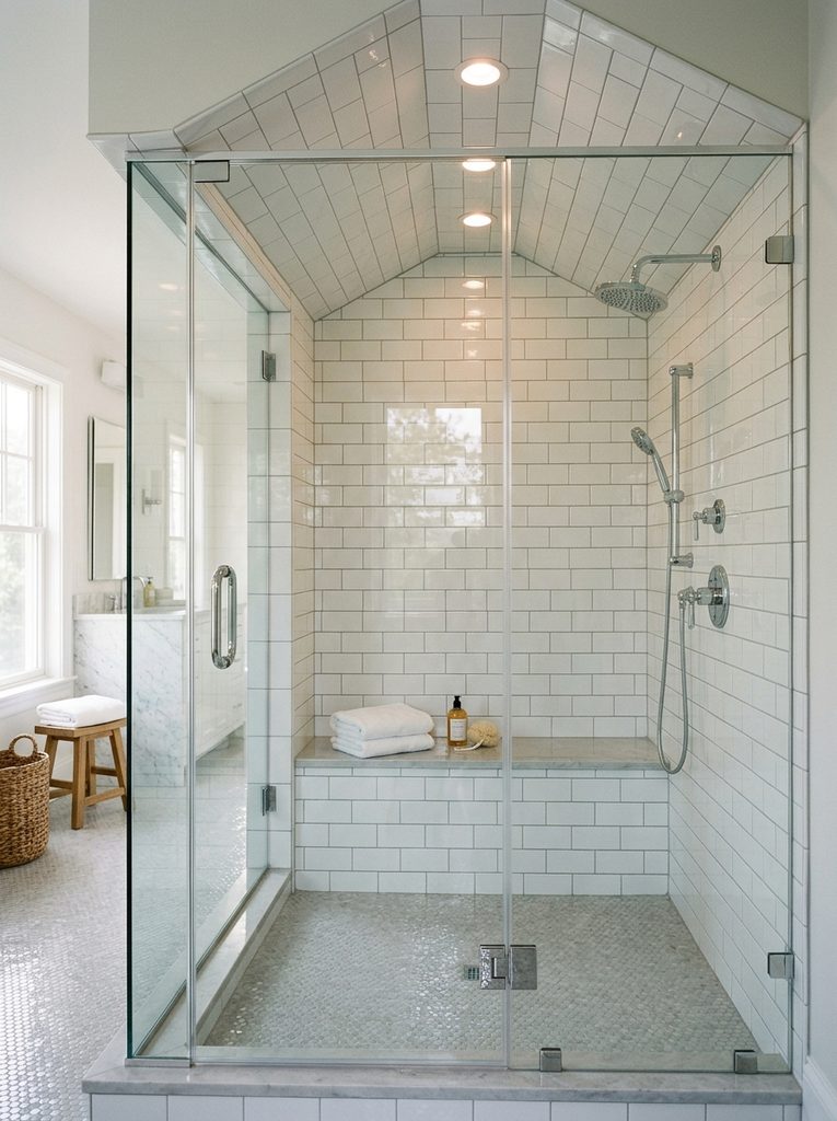 Sloped Ceiling for Condensation Control in a white tiled steam shower with a glass door