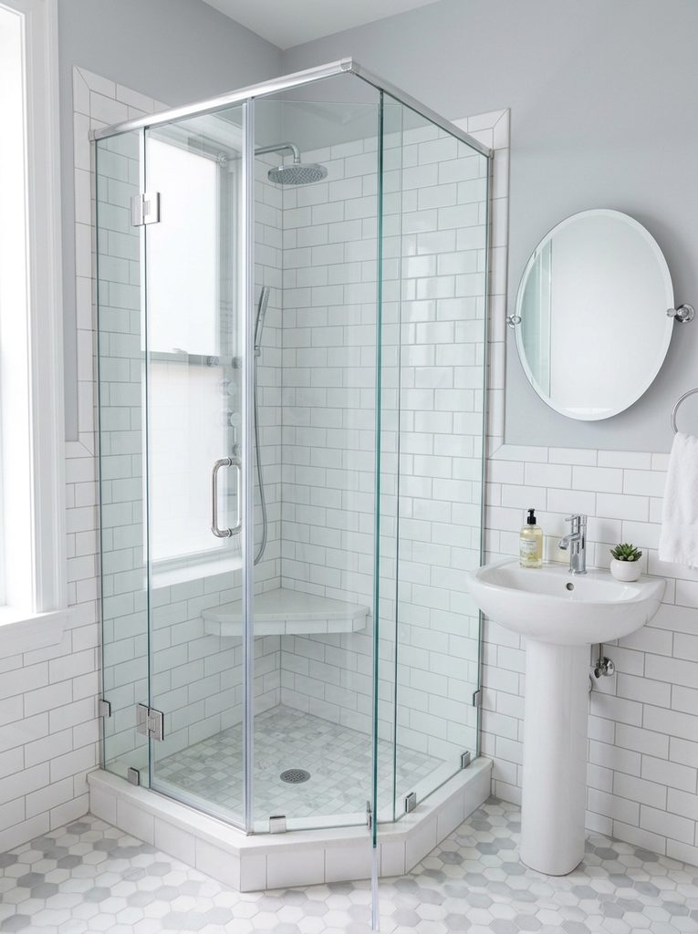 Small Bathroom Steam Shower Nook with a corner seat and clear glass enclosure beside a pedestal sink
