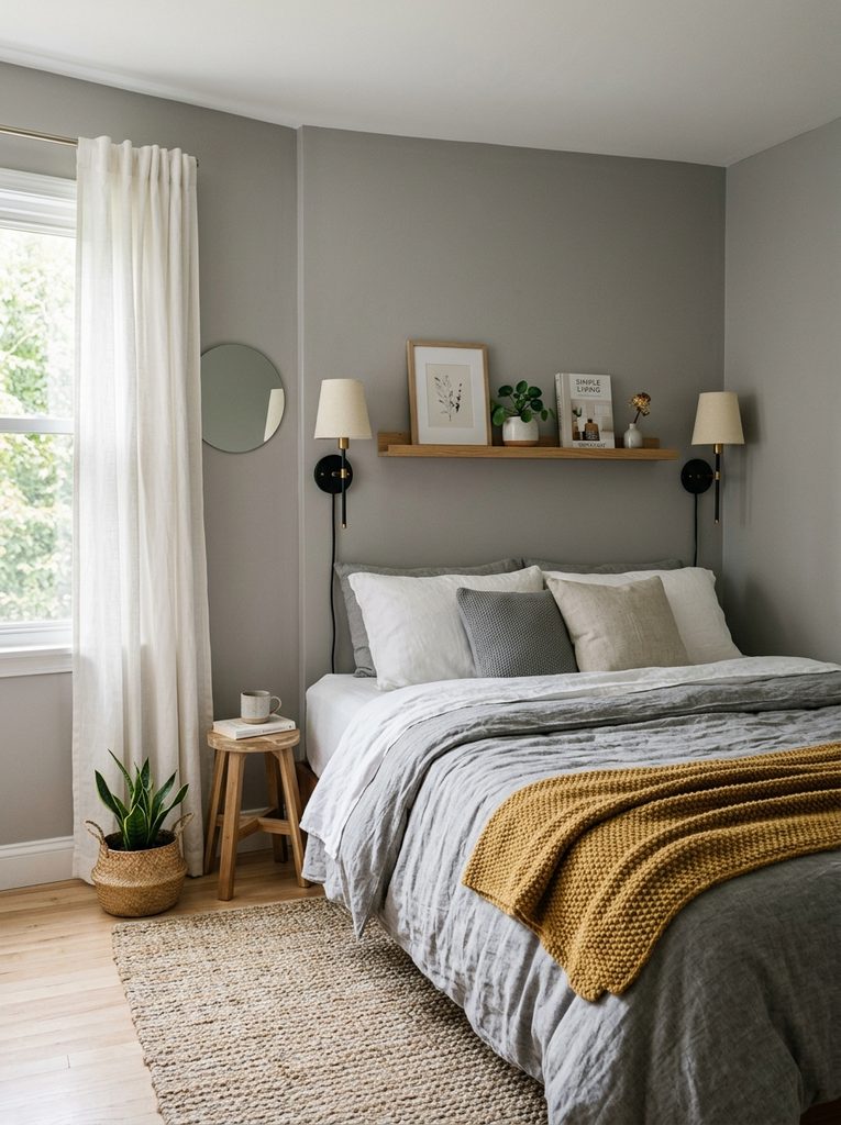 Small Bedroom Cozy Corner Edit with wall sconces, a slim shelf, and gray bedding with a mustard throw