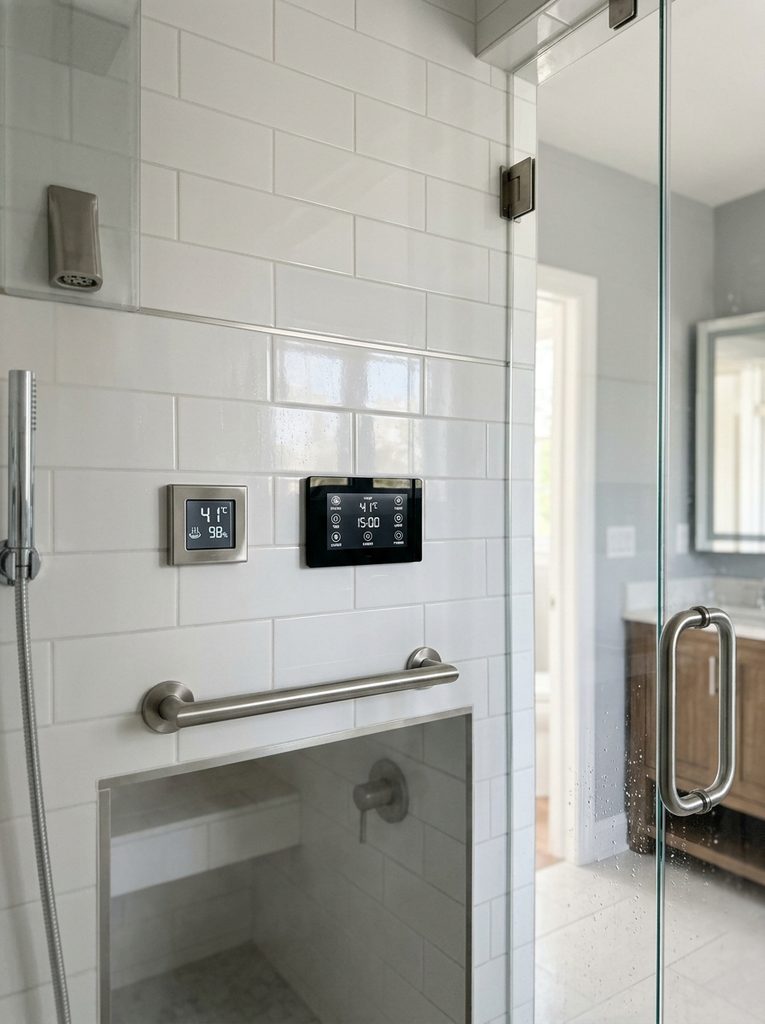 Smart Controls and Digital Panel on a steam shower wall with a thermostat display and brushed steel bar