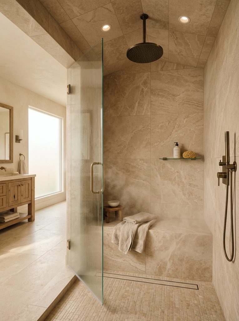 Steam-Friendly Natural Stone Look with travertine-style tile, a bench, and a rainfall shower head