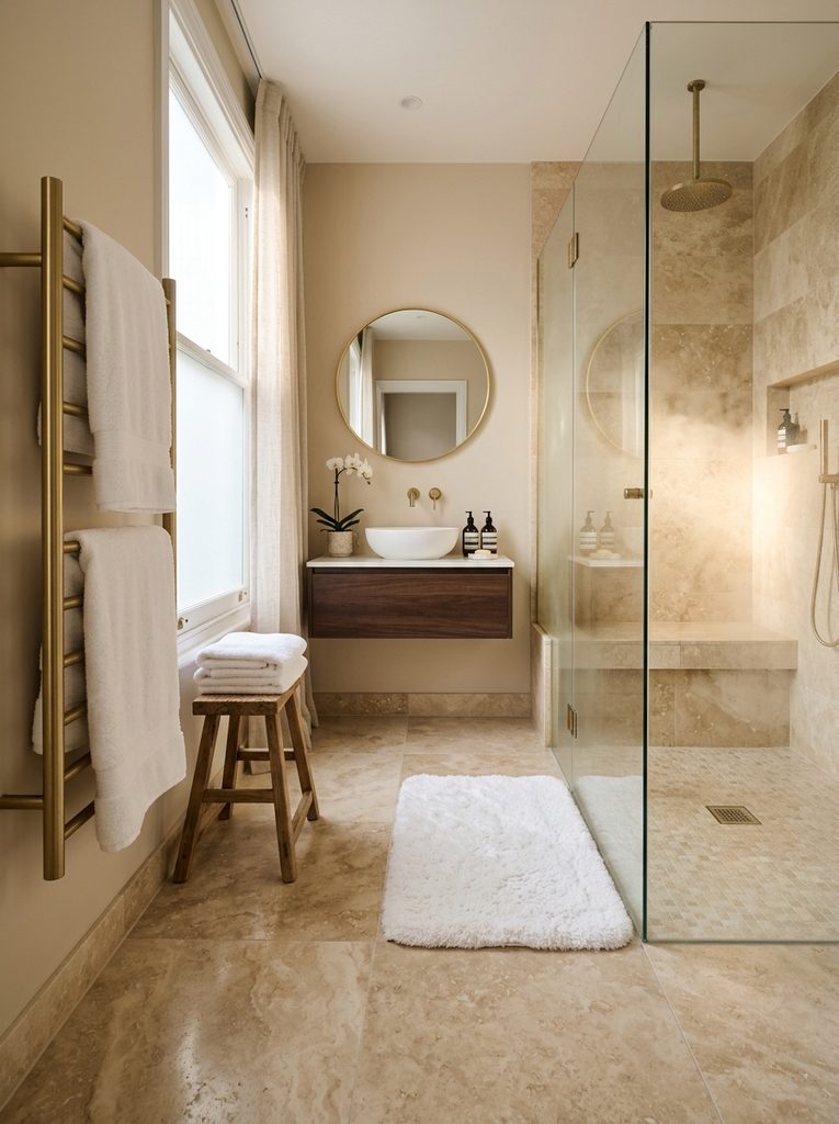 Steam Shower with Heated Floor in a spa bathroom with a heated towel rail and plush bath mat