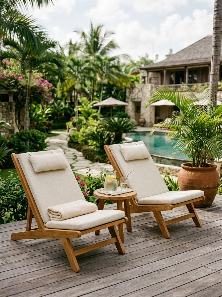 Teak Lounge Chairs and Side Table with cream cushions and a pitcher of lemon water on a deck