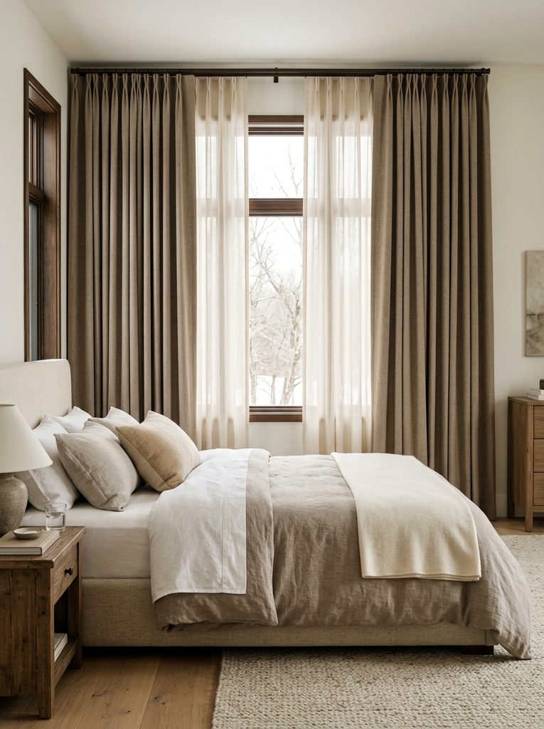 Thick Curtains for Insulation in warm taupe with a sheer layer over a bedroom window