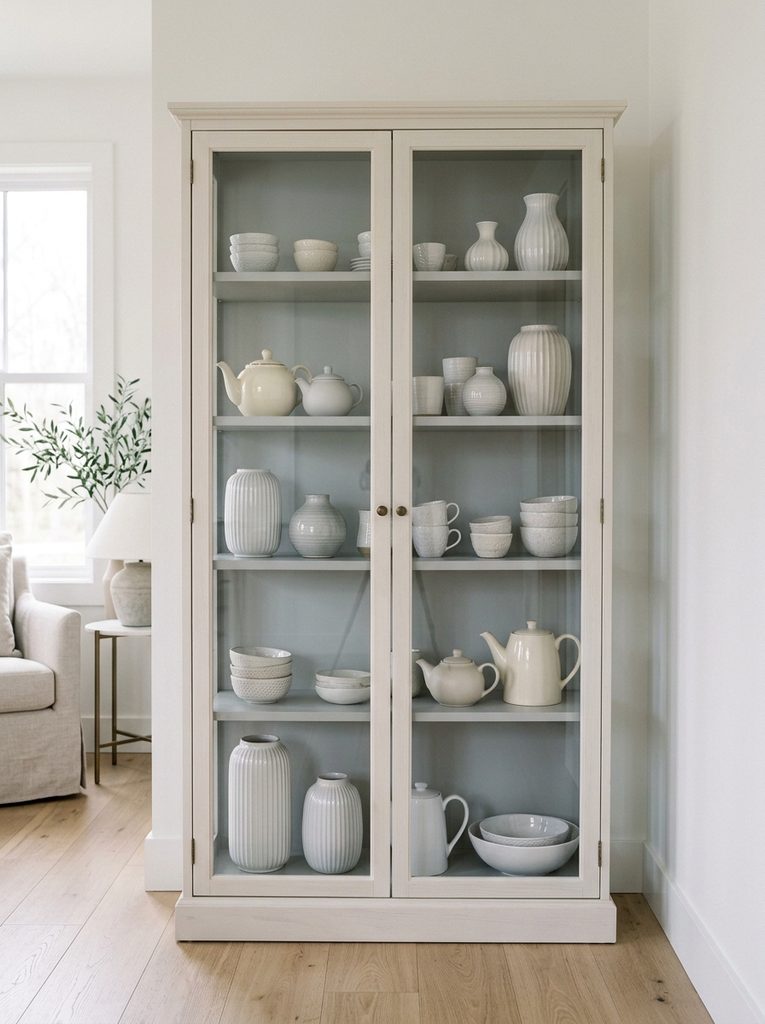 Tonal White Porcelain Display of cream teapots, bowls, and ribbed vases in a glass-front curio cabinet