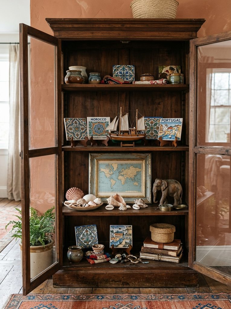 Travel Souvenir Collection Shelf with painted tiles, shells, and a wooden boat in a curio cabinet
