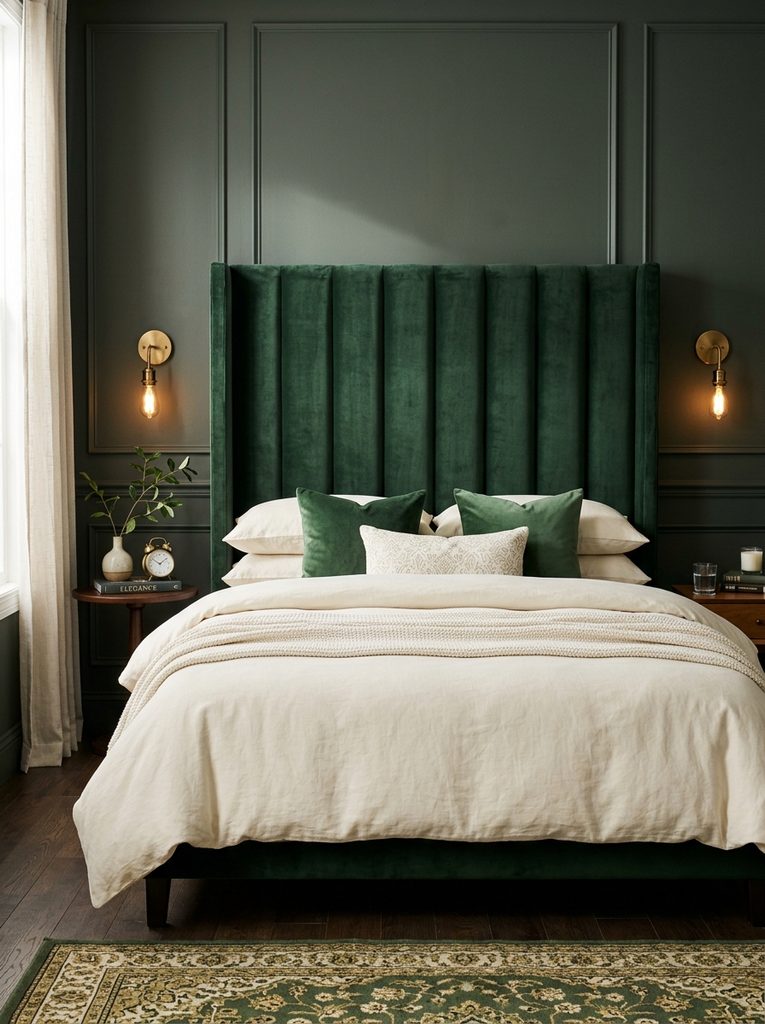 Velvet Headboard in Deep Tones in forest green behind cream bedding with brass sconces
