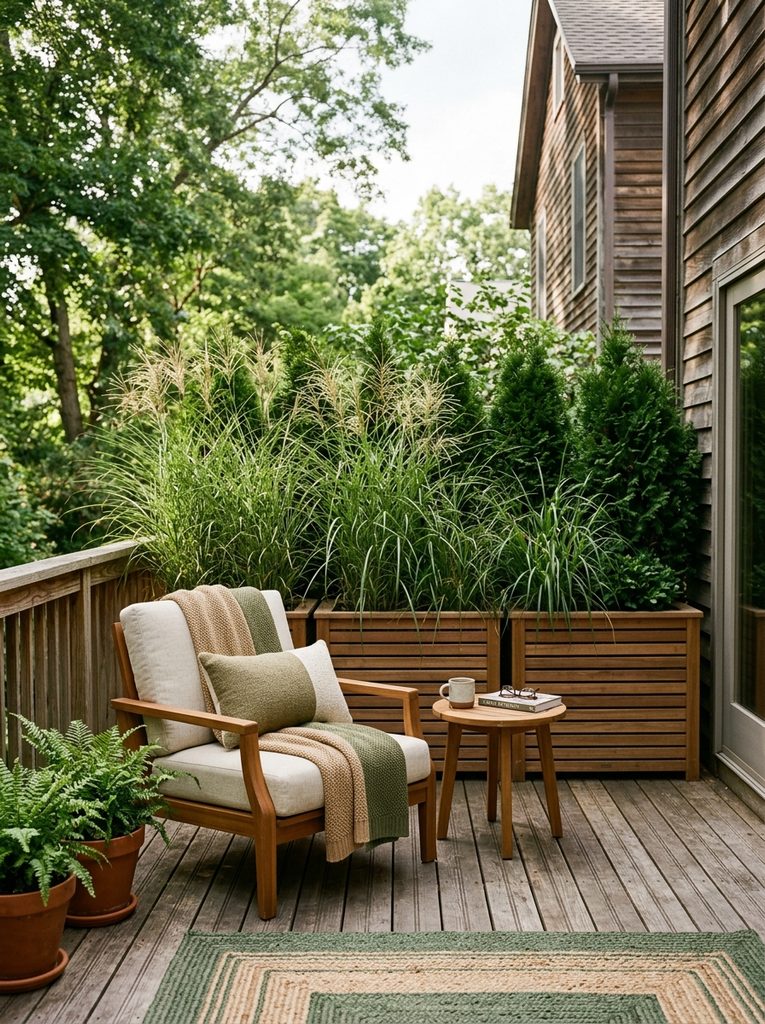 Vertical Planter Privacy Screen with tall wooden planters of grasses and evergreens beside a deck lounge chair
