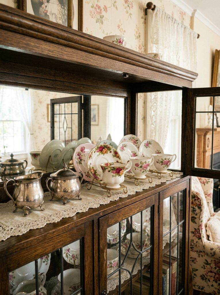 Vintage China and Teacup Collection with floral cups on stands in a wooden curio cabinet