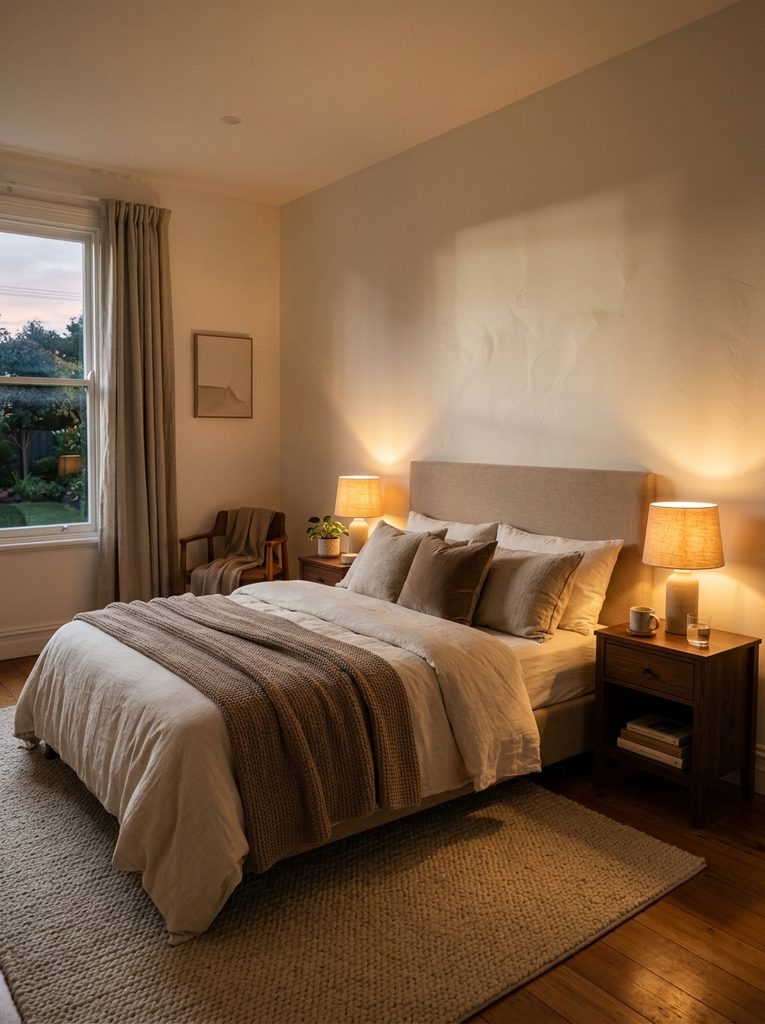 Warm Glow Lamp Lighting with two linen-shaded bedside lamps casting amber light on a neutral bed