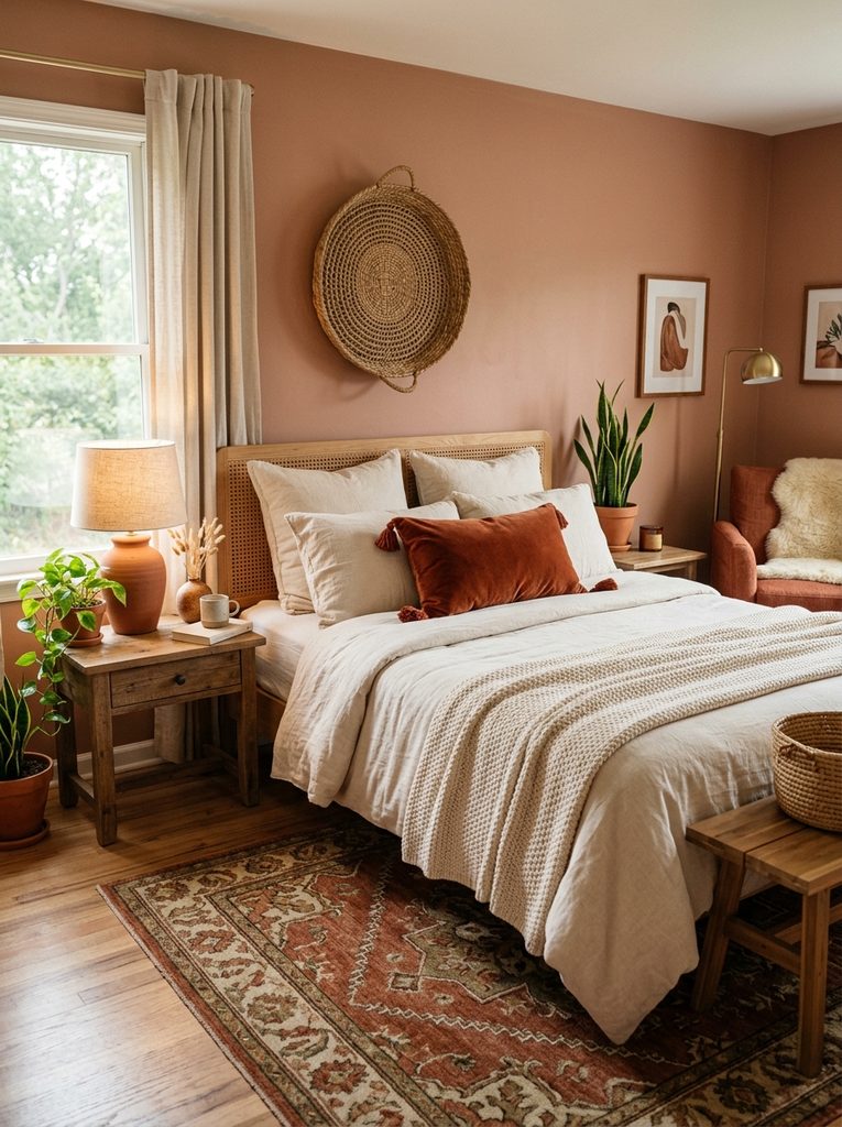 Warm Terracotta and Rust Palette with a rust velvet pillow, ceramic lamp, and cream bedding