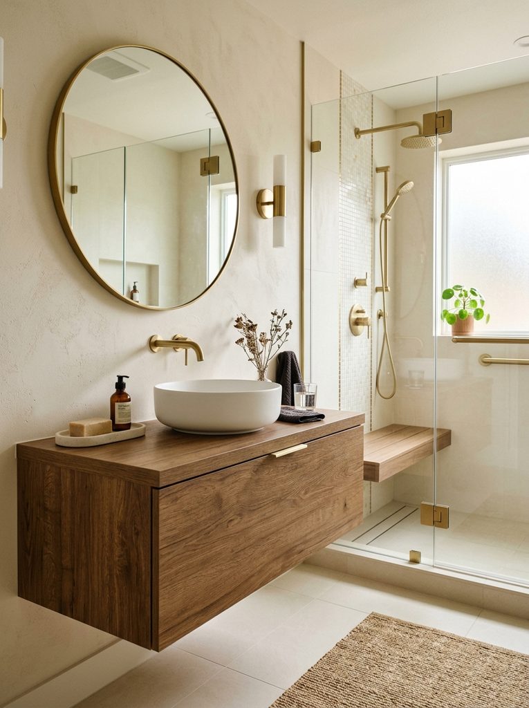 Warm Wood-Look Vanity Pairing with an oak floating vanity and round mirror near a glass steam shower