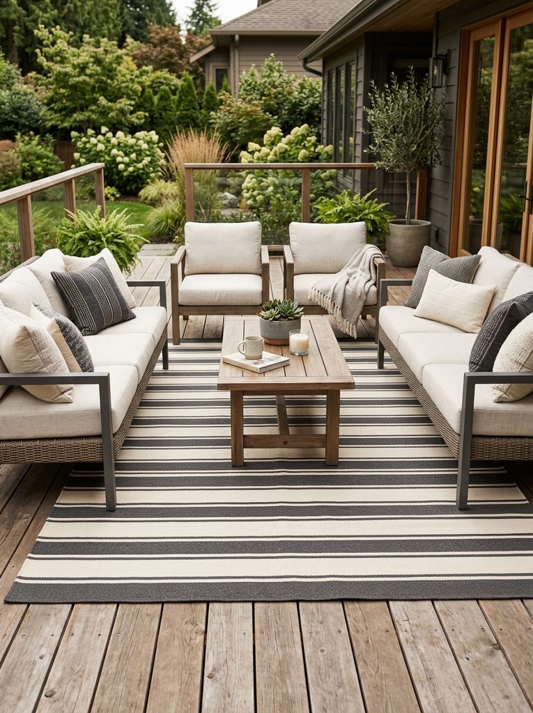 Weatherproof Outdoor Rug Layer in cream and charcoal stripes beneath a deck seating group