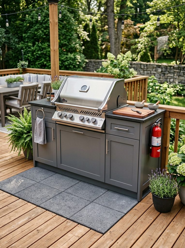 Weatherproof Storage and Safety Zone with a heat-resistant pad, closed cabinets, and stainless grill on a deck