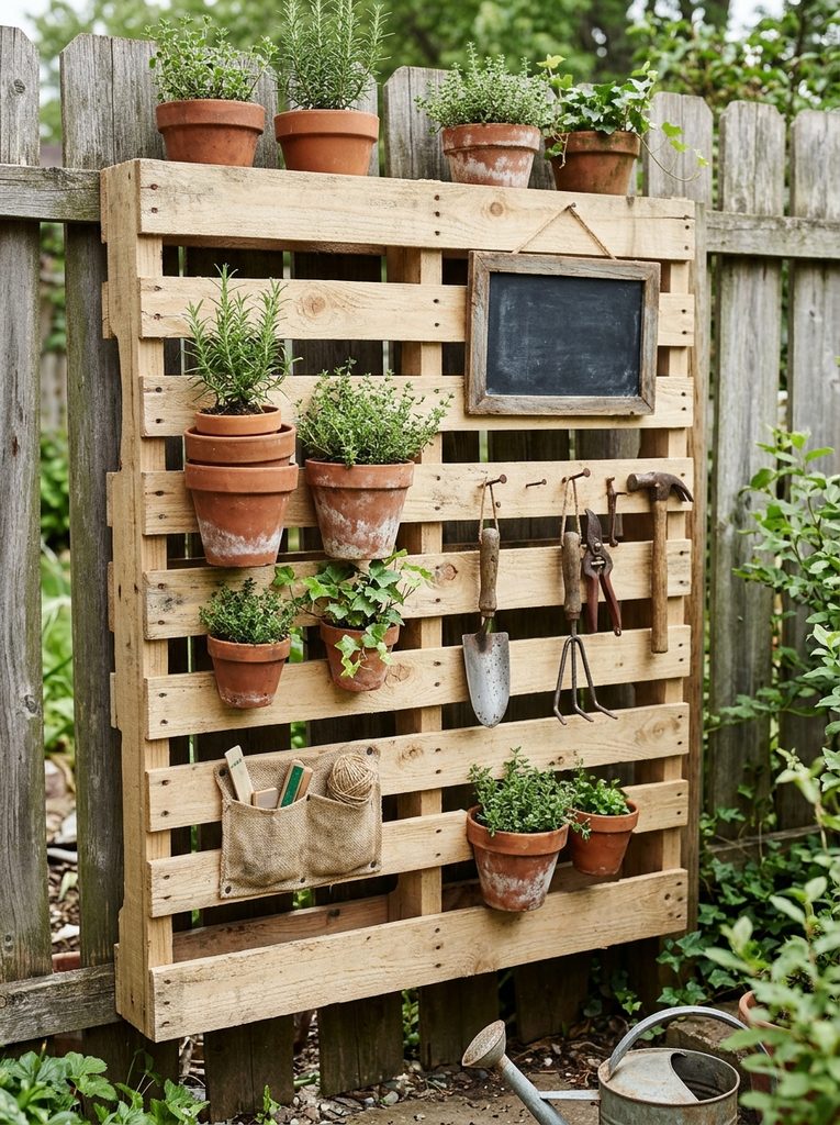 DIY Pallet Tool Display mounted on a fence with hand tools and clay pots on its slats