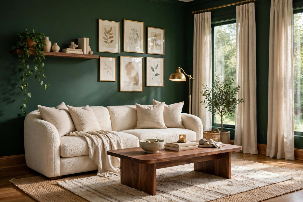 20 Forest Green Living Room Ideas That Look Expensive, featuring deep green walls with a cream sofa
