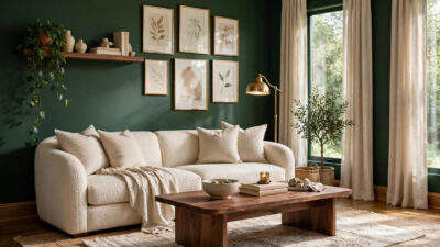 20 Forest Green Living Room Ideas That Look Expensive, featuring deep green walls with a cream sofa
