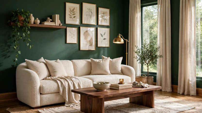 20 Forest Green Living Room Ideas That Look Expensive, featuring deep green walls with a cream sofa