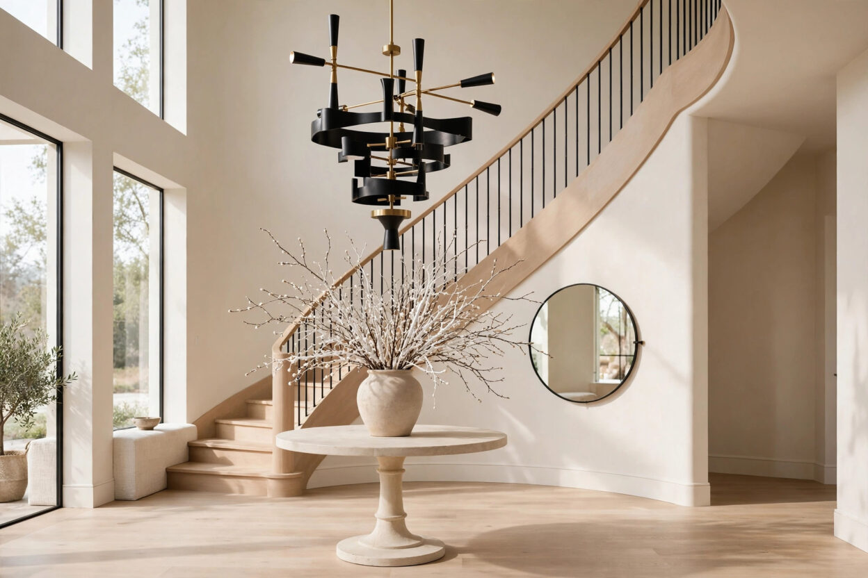 15 Foyer Chandelier Modern Ideas That Look Expensive, featuring a black and brass chandelier above a round foyer table