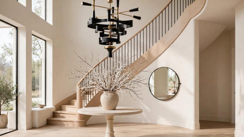 15 Foyer Chandelier Modern Ideas That Look Expensive, featuring a black and brass chandelier above a round foyer table
