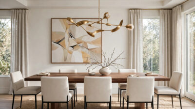 24 Formal Dining Sets With a Surprisingly Modern Twist, featuring a walnut table with cream upholstered chairs