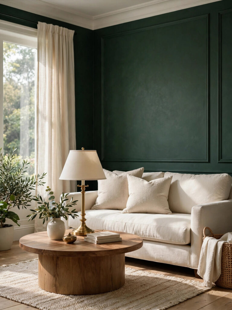 Forest Green Walls with Cream Sofa, oatmeal pillows, a round coffee table, and a brass lamp