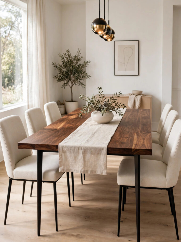 Walnut Table with Cream Chairs in a warm white dining room with a linen runner and ceramic vase