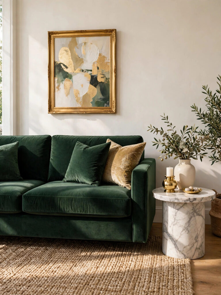 Emerald Velvet Sofa Statement against a warm white wall with gold art and a marble side table