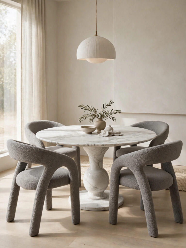 White Marble Pedestal Set with a round marble table and curved gray bouclé chairs under a pendant light