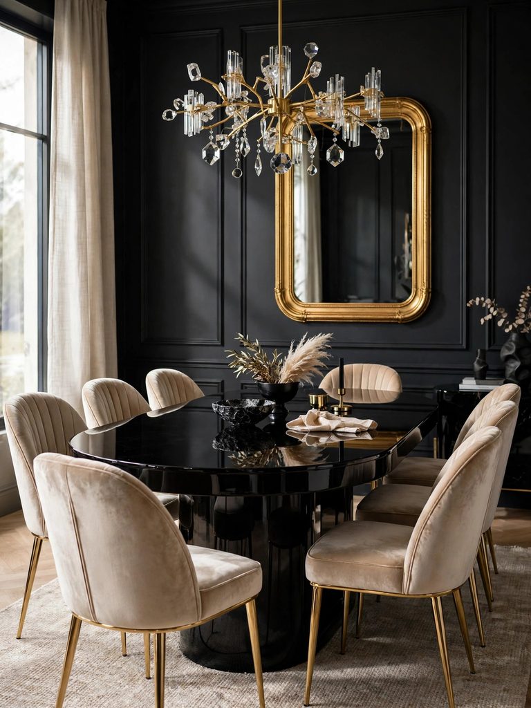Black Lacquer Glam Dining Set with a glossy oval table, champagne velvet chairs, and a gold-framed mirror