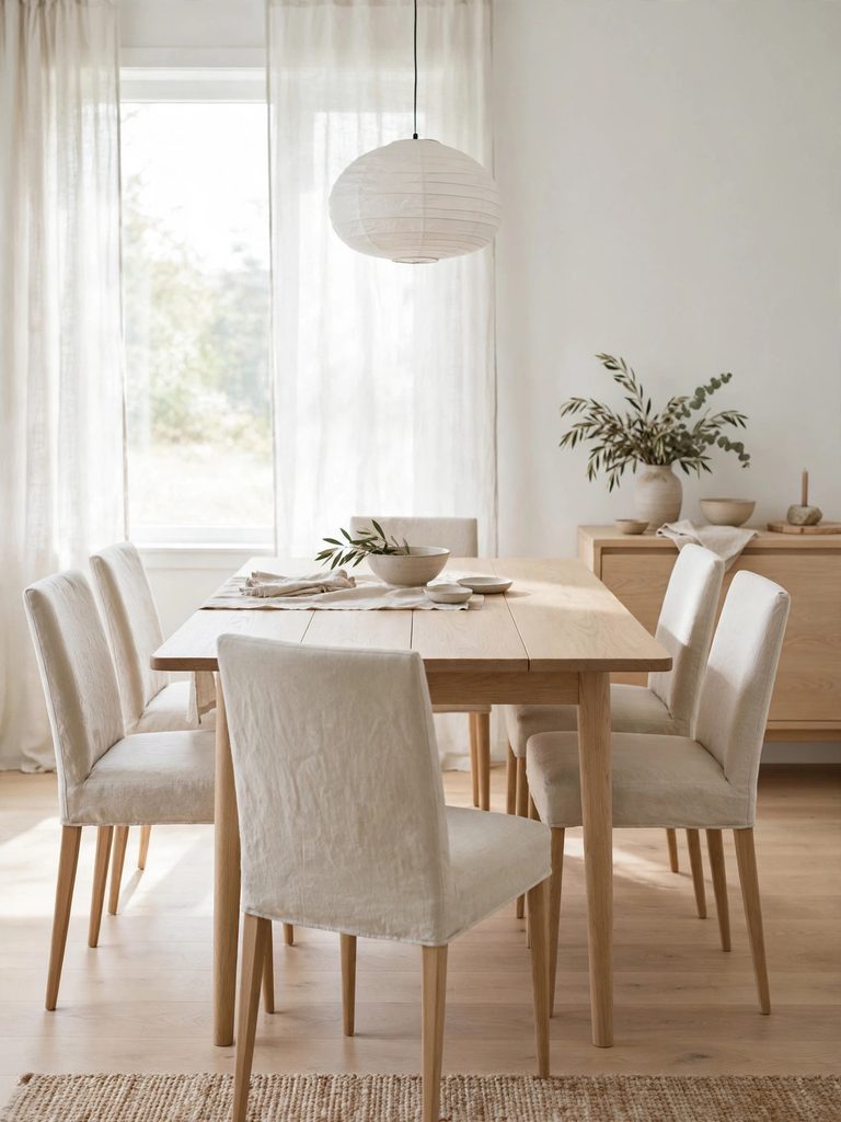 Light Oak Scandinavian Formal Set with an extendable oak table and pale linen chairs in a bright room