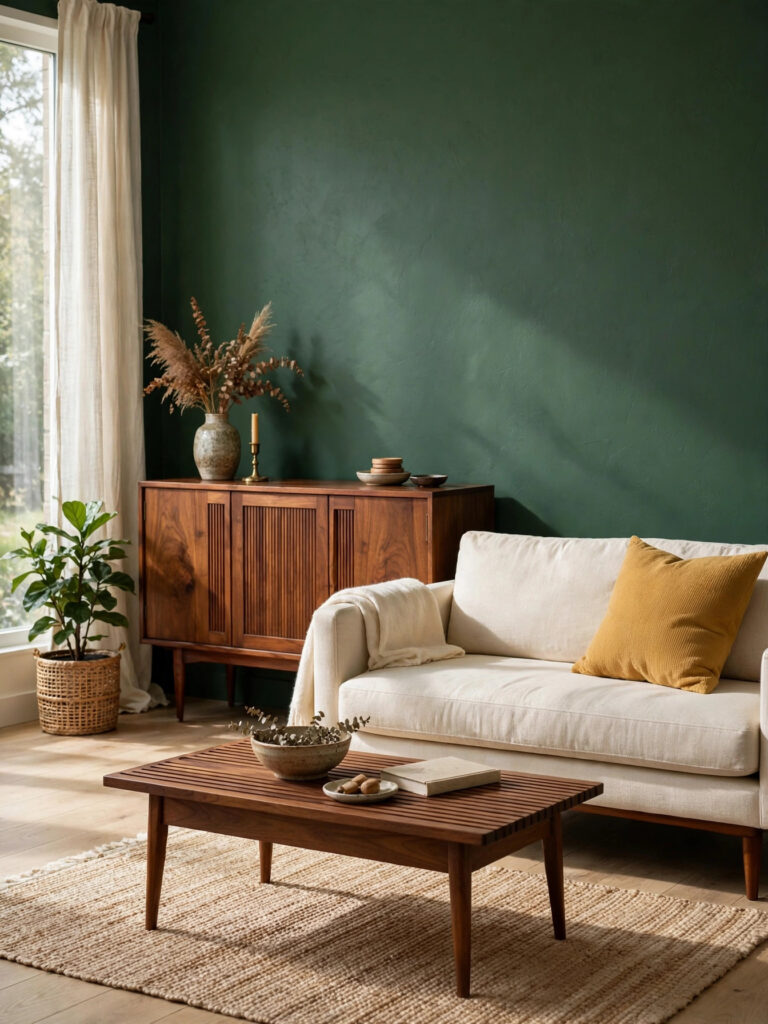 Green and Walnut Wood Pairing with a mid-century sideboard against forest green walls