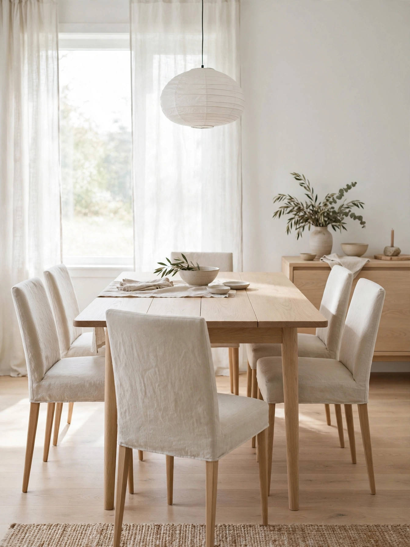 Oversized Round Ring Chandelier in brushed gold above a round oak table in a circular foyer