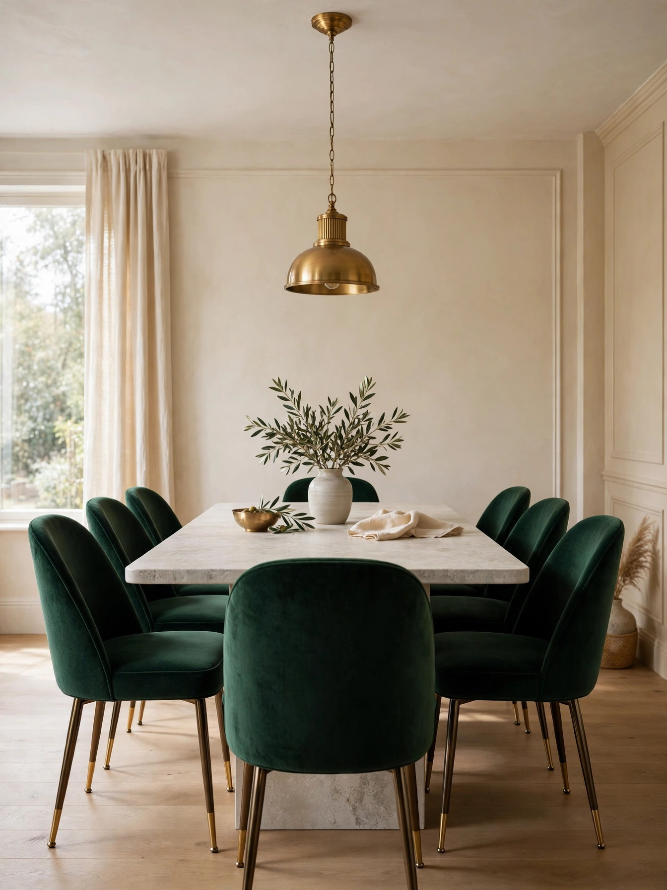 Sputnik Burst for Mid-Century Homes with brass arms above a teak sideboard and geometric rug