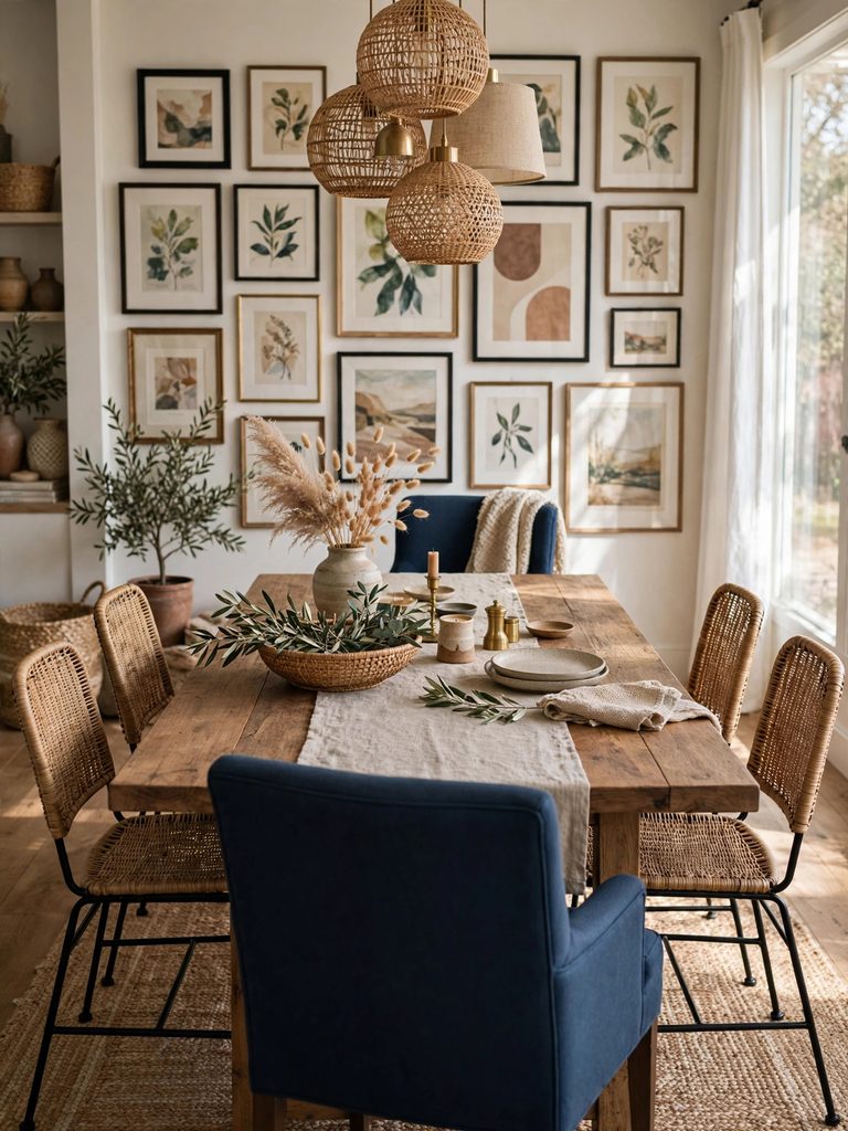 Mixed Chair Eclectic Formal Table with navy host chairs and woven side chairs under pendant lights